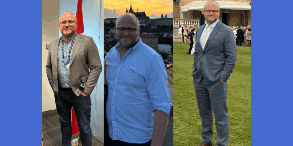 Feature image A three picture collage. Each is a man stood smiling at the camera. He is noticeably thinner in the righthand side one.
