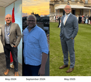 A three picture collage showing photos from May 2024-May 2025. Each is a man stood smiling at the camera. He is noticeably thinner in the May 2025 one.